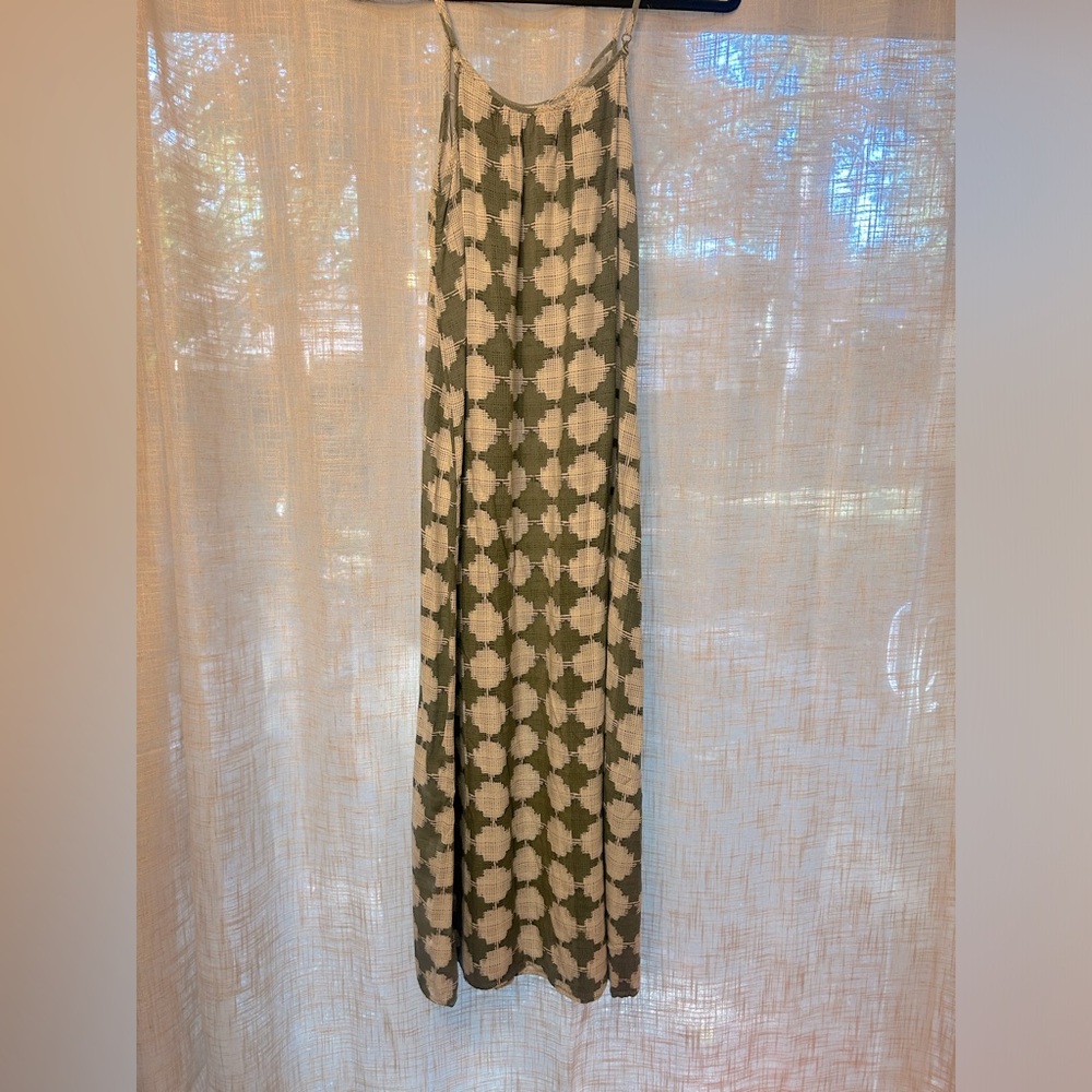 Merona Patterned Ivory and Green Strappy 70’s Retro Long Maxi Dress size Small. - Picture 3 of 7